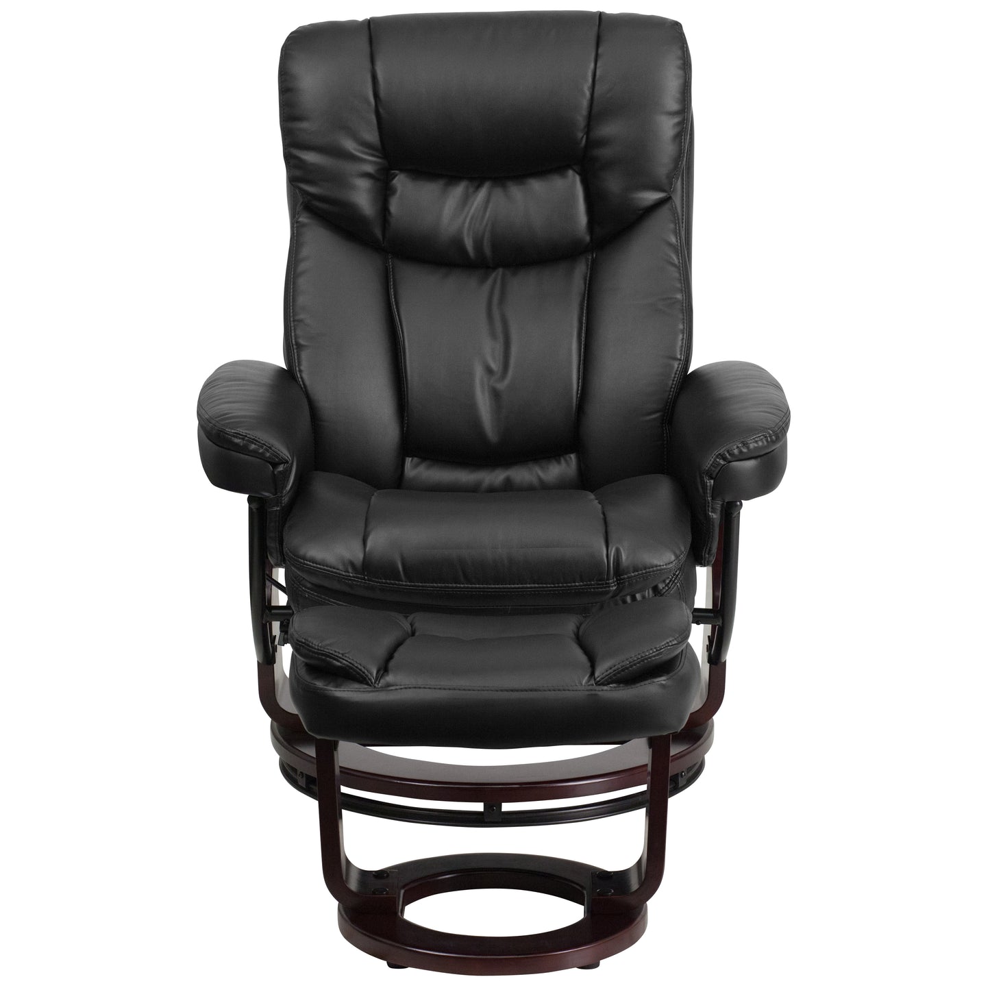 Allie Contemporary Multi-Position Recliner and Curved Ottoman with Swivel Mahogany Wood Base in Black LeatherSoft Black