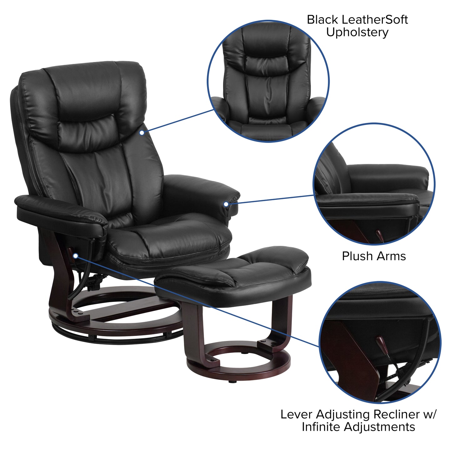 Allie Contemporary Multi-Position Recliner and Curved Ottoman with Swivel Mahogany Wood Base in Black LeatherSoft Black