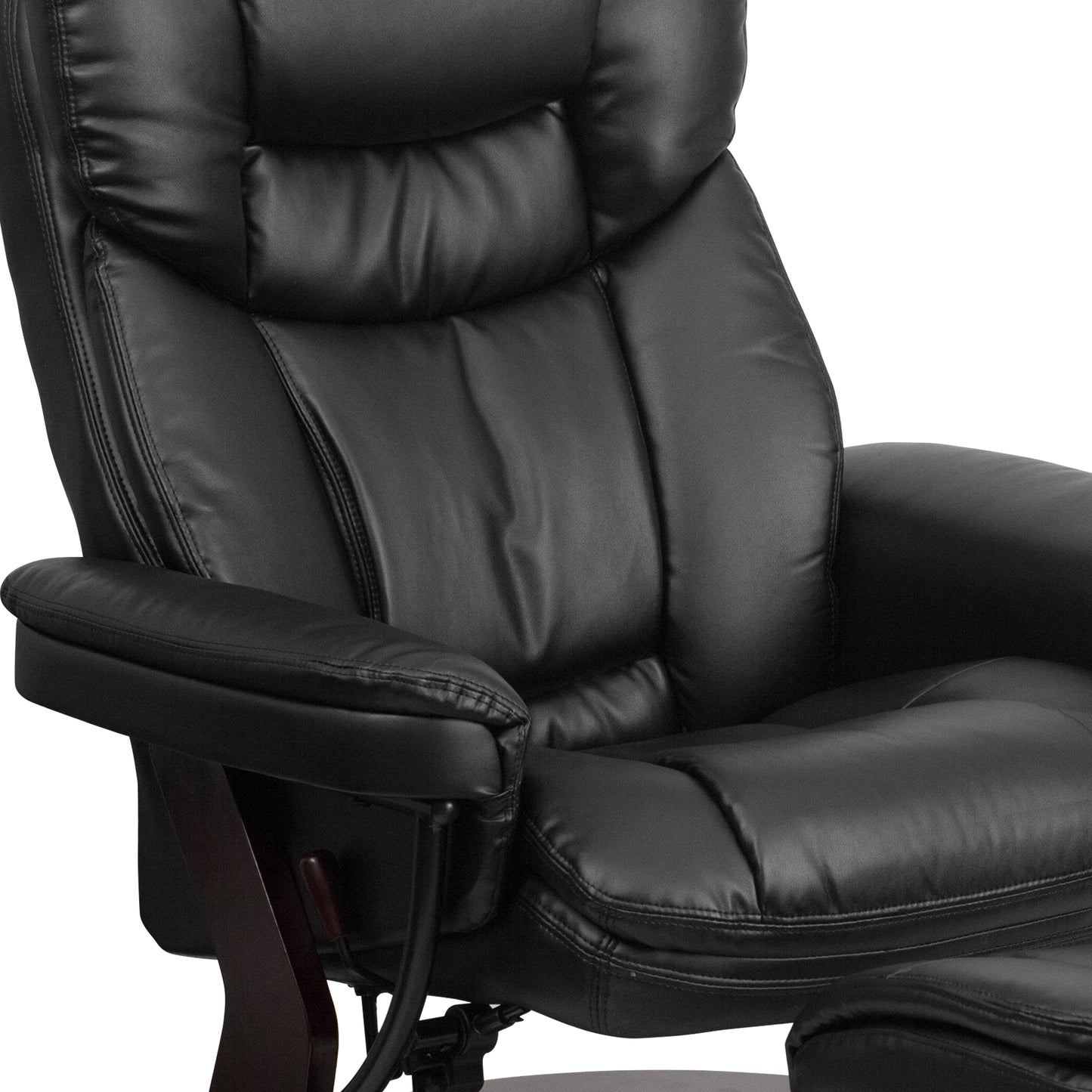 Allie Contemporary Multi-Position Recliner and Curved Ottoman with Swivel Mahogany Wood Base in Black LeatherSoft Black