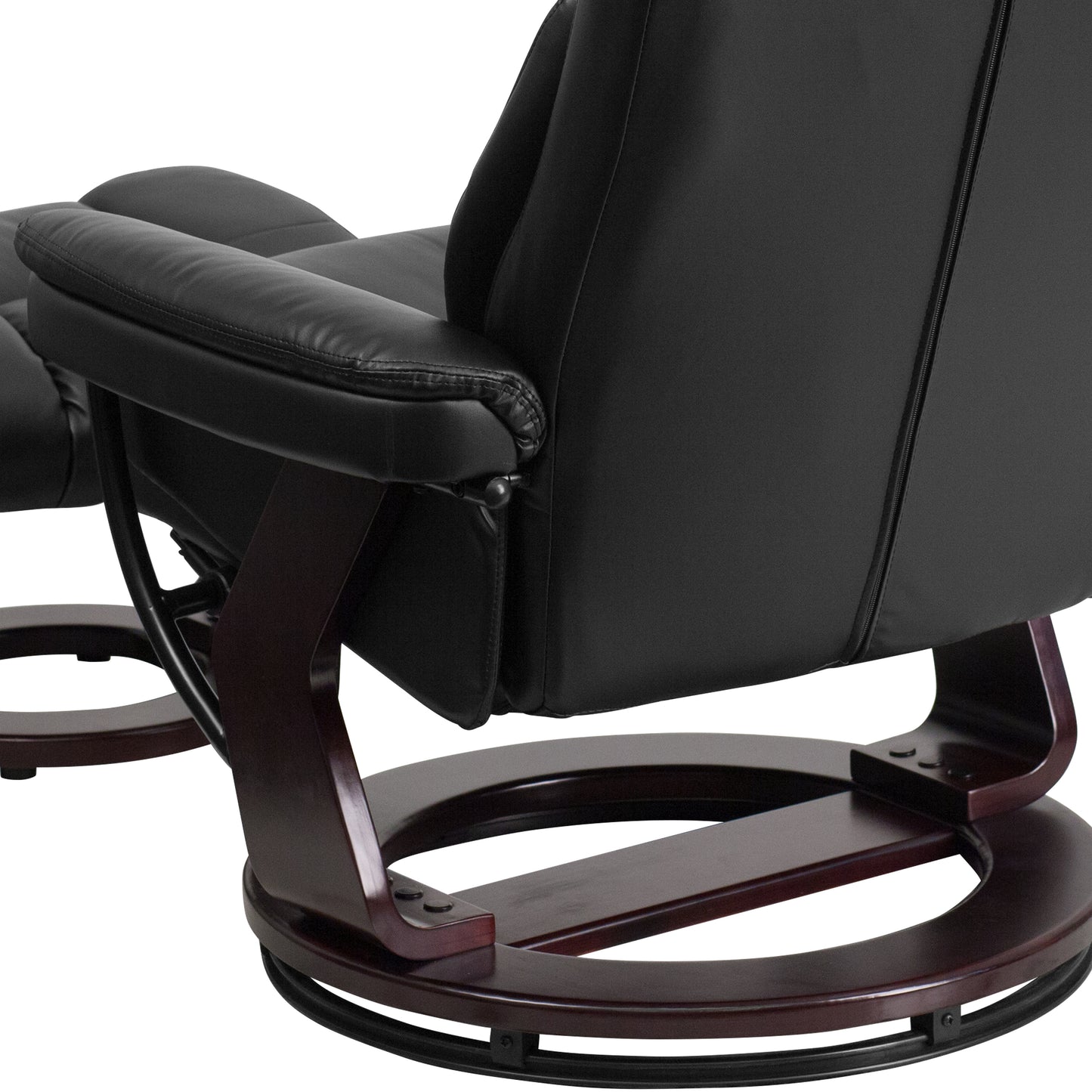 Allie Contemporary Multi-Position Recliner and Curved Ottoman with Swivel Mahogany Wood Base in Black LeatherSoft Black