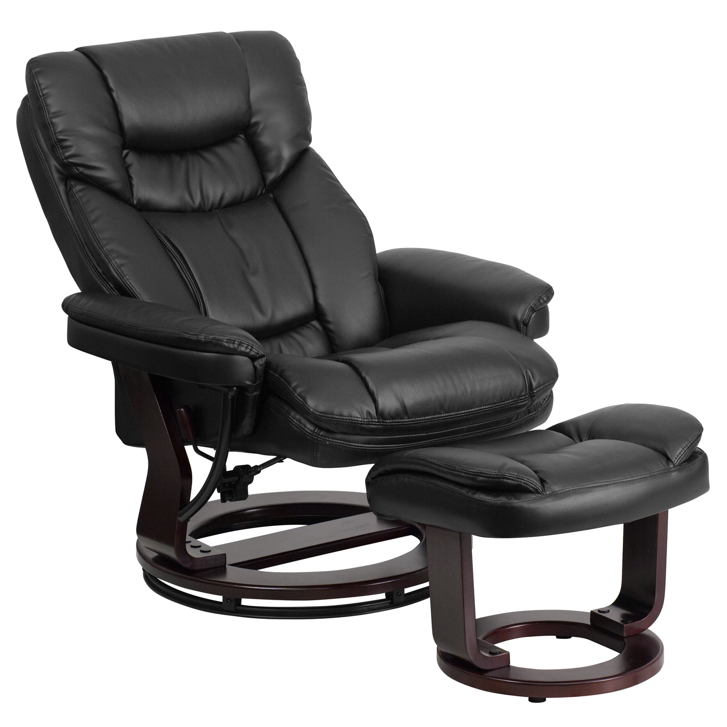 Allie Contemporary Multi-Position Recliner and Curved Ottoman with Swivel Mahogany Wood Base in Black LeatherSoft Black