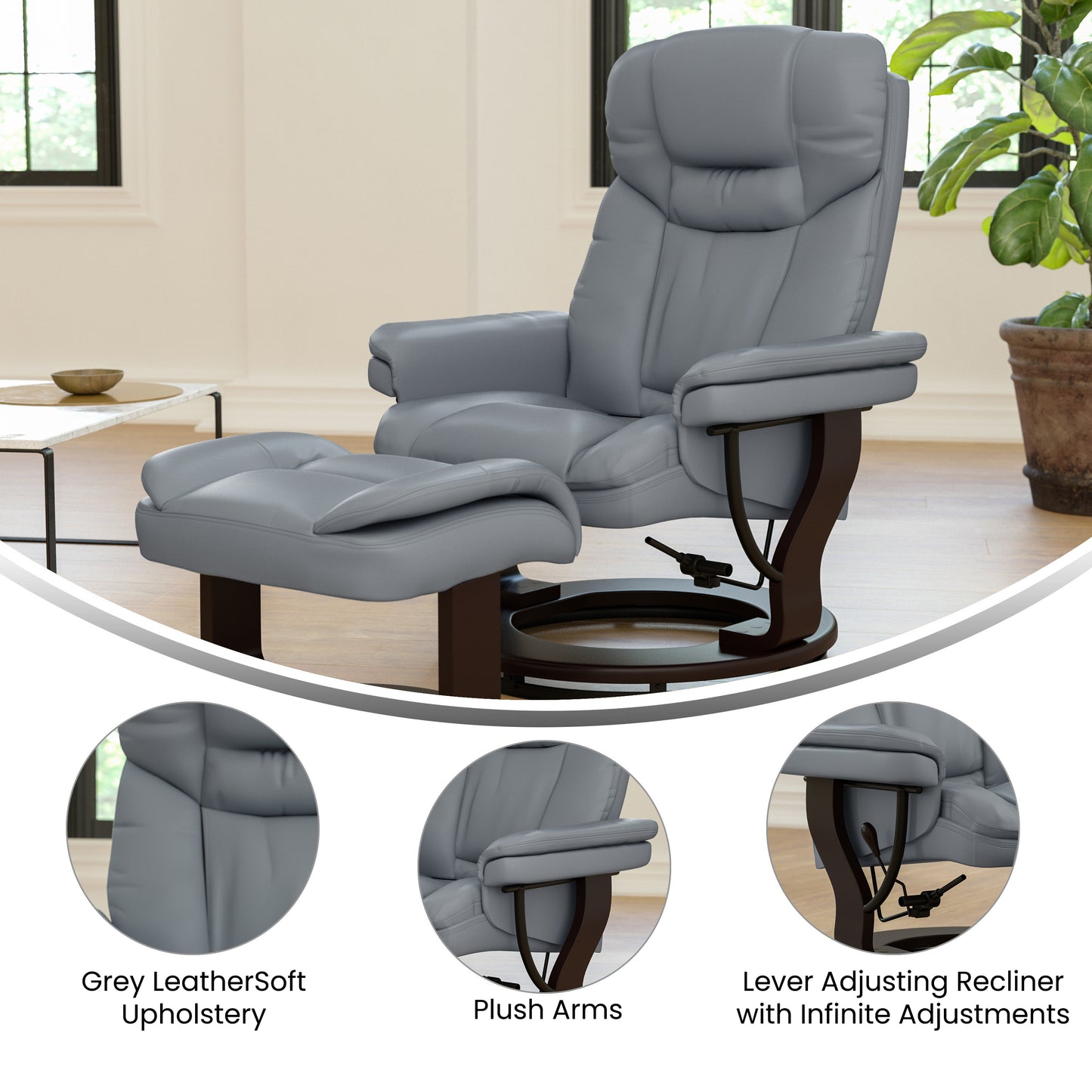 Allie Recliner Chair with Ottoman | Gray LeatherSoft Swivel Recliner Chair with Ottoman Footrest Gray