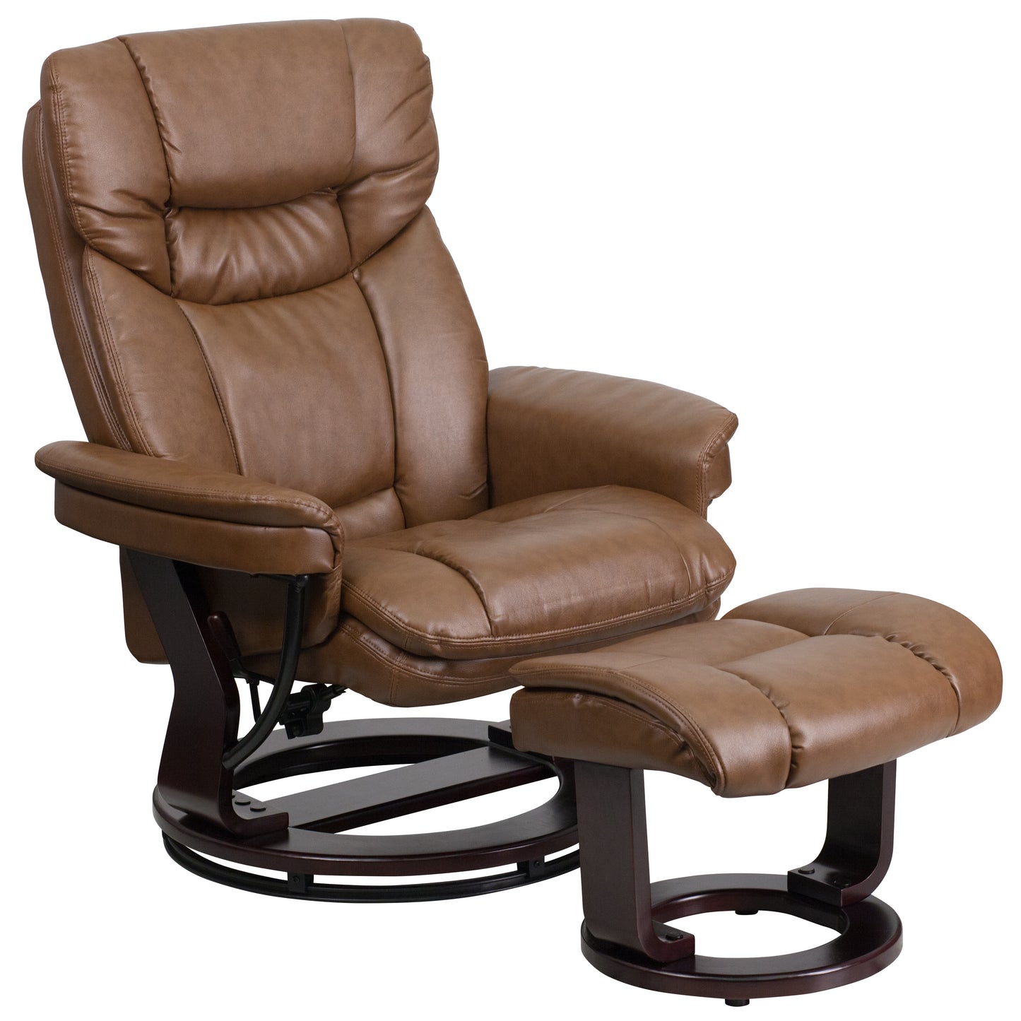 Allie Contemporary Multi-Position Recliner and Curved Ottoman with Swivel Mahogany Wood Base in Palimino LeatherSoft Palimino