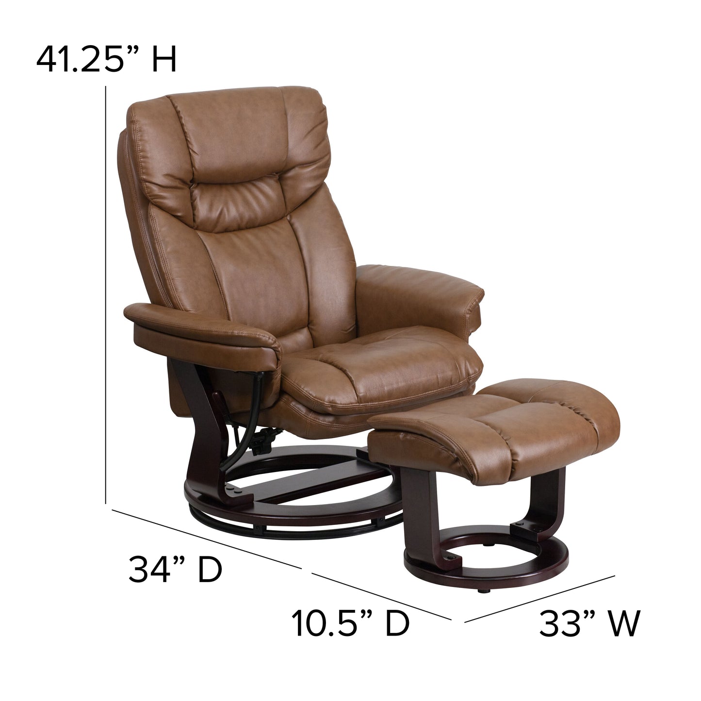 Allie Contemporary Multi-Position Recliner and Curved Ottoman with Swivel Mahogany Wood Base in Palimino LeatherSoft Palimino