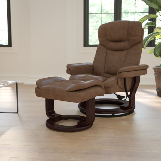 Allie Contemporary Multi-Position Recliner and Curved Ottoman with Swivel Mahogany Wood Base in Palimino LeatherSoft Palimino BT-7821-PALIMINO-GG