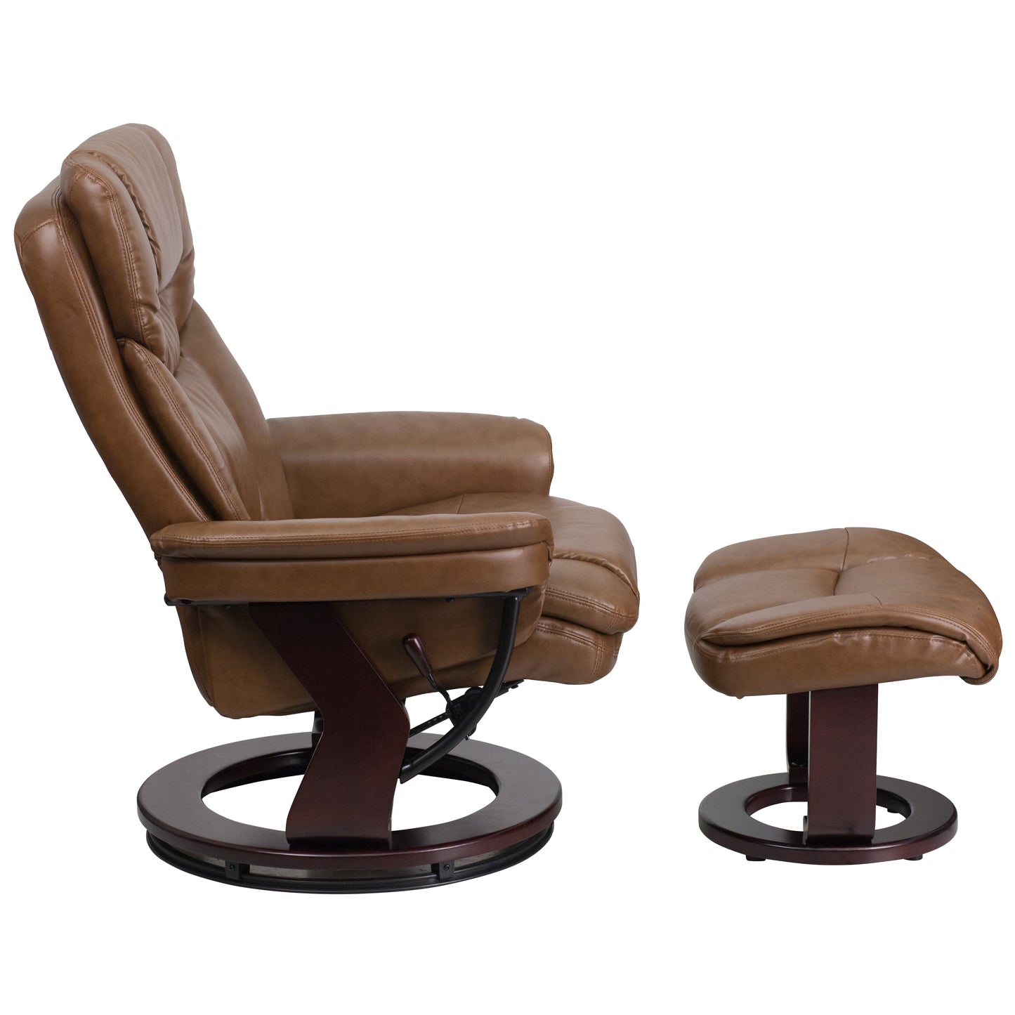 Allie Contemporary Multi-Position Recliner and Curved Ottoman with Swivel Mahogany Wood Base in Palimino LeatherSoft Palimino