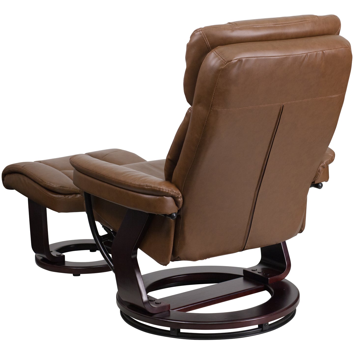 Allie Contemporary Multi-Position Recliner and Curved Ottoman with Swivel Mahogany Wood Base in Palimino LeatherSoft Palimino