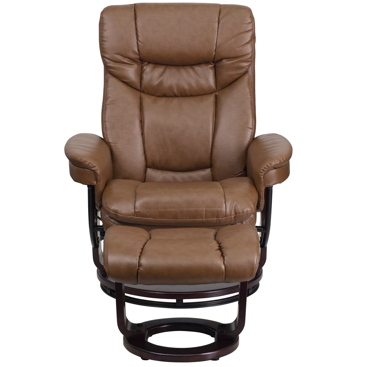 Allie Contemporary Multi-Position Recliner and Curved Ottoman with Swivel Mahogany Wood Base in Palimino LeatherSoft Palimino