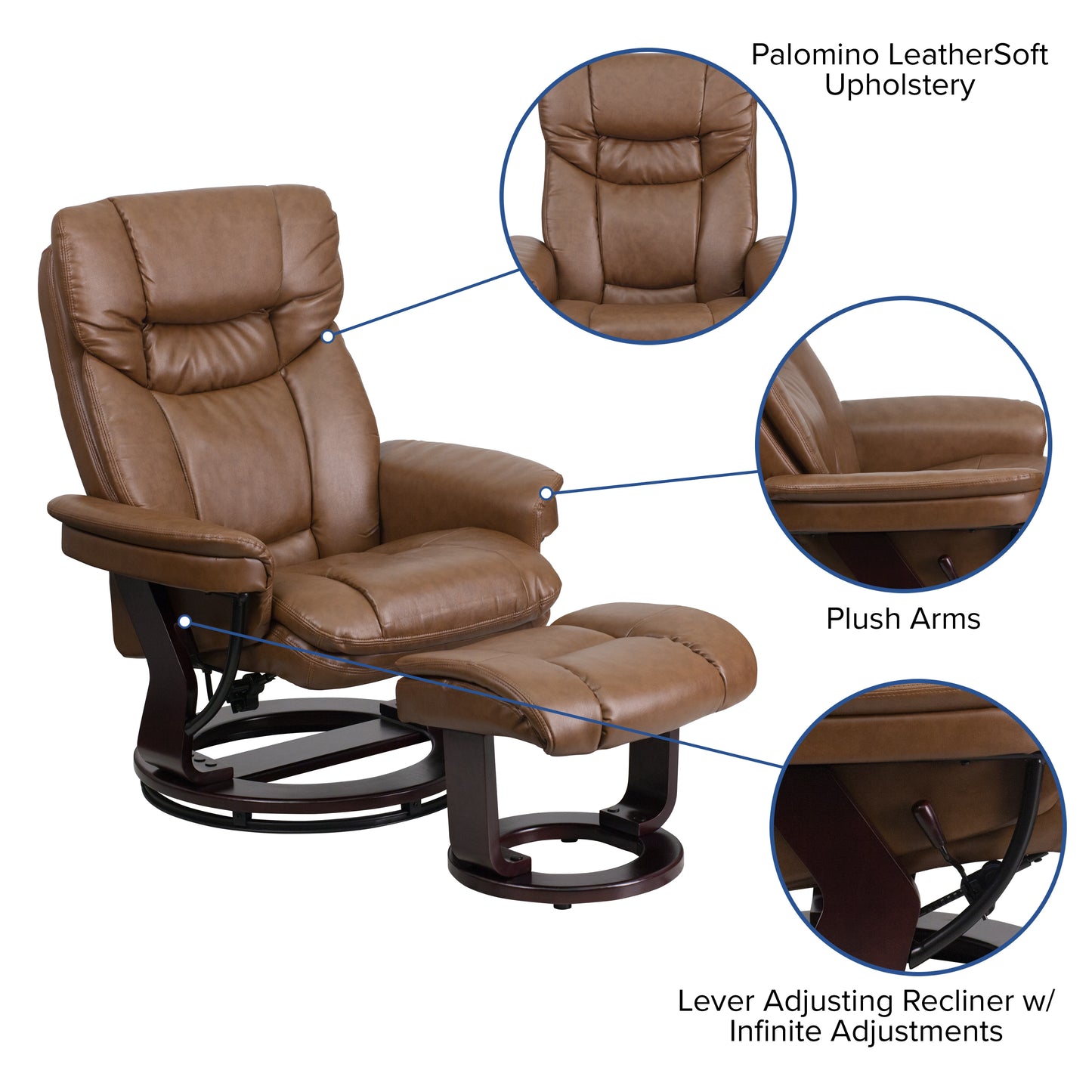 Allie Contemporary Multi-Position Recliner and Curved Ottoman with Swivel Mahogany Wood Base in Palimino LeatherSoft Palimino
