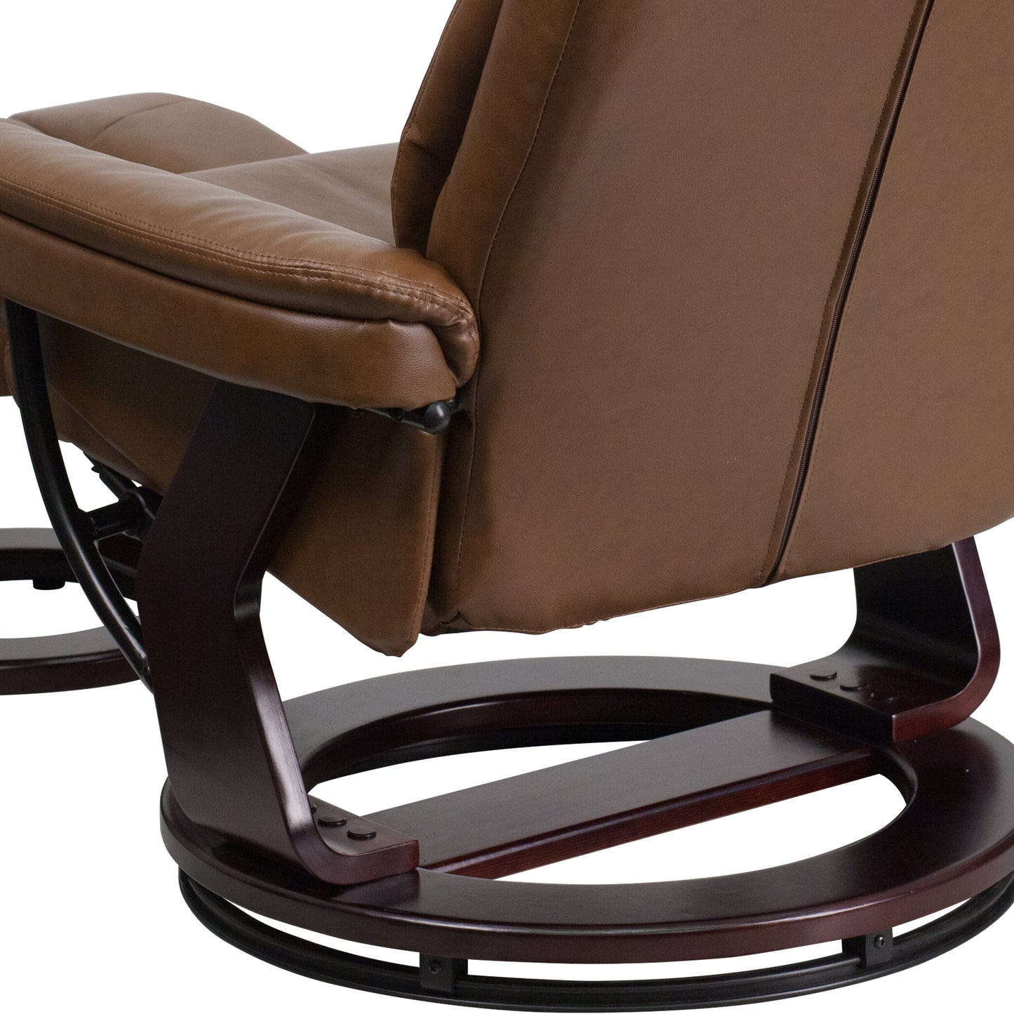 Allie Contemporary Multi-Position Recliner and Curved Ottoman with Swivel Mahogany Wood Base in Palimino LeatherSoft Palimino