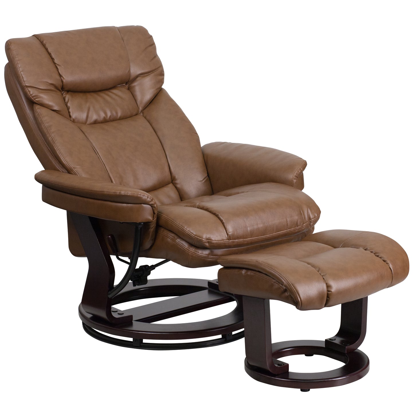 Allie Contemporary Multi-Position Recliner and Curved Ottoman with Swivel Mahogany Wood Base in Palimino LeatherSoft Palimino