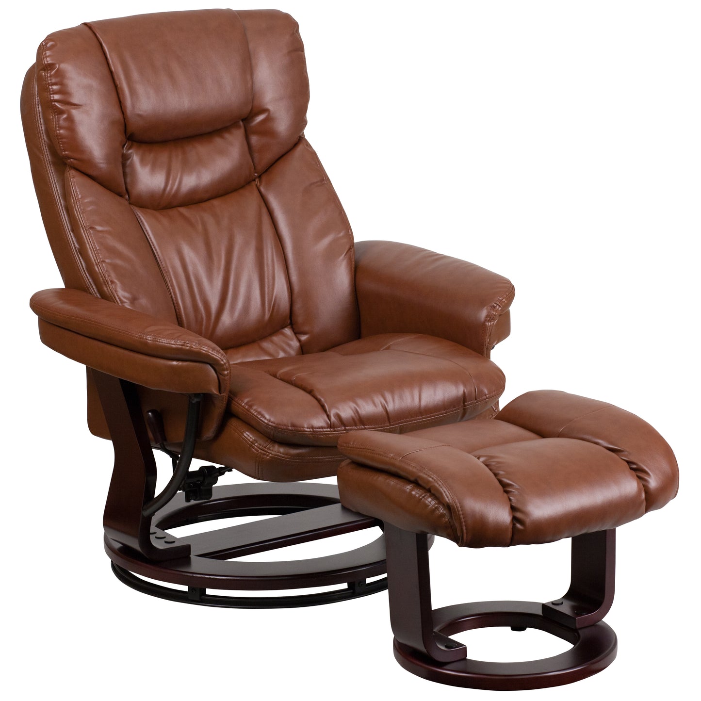 Allie Contemporary Multi-Position Recliner and Curved Ottoman with Swivel Mahogany Wood Base in Brown Vintage LeatherSoft Brown Vintage