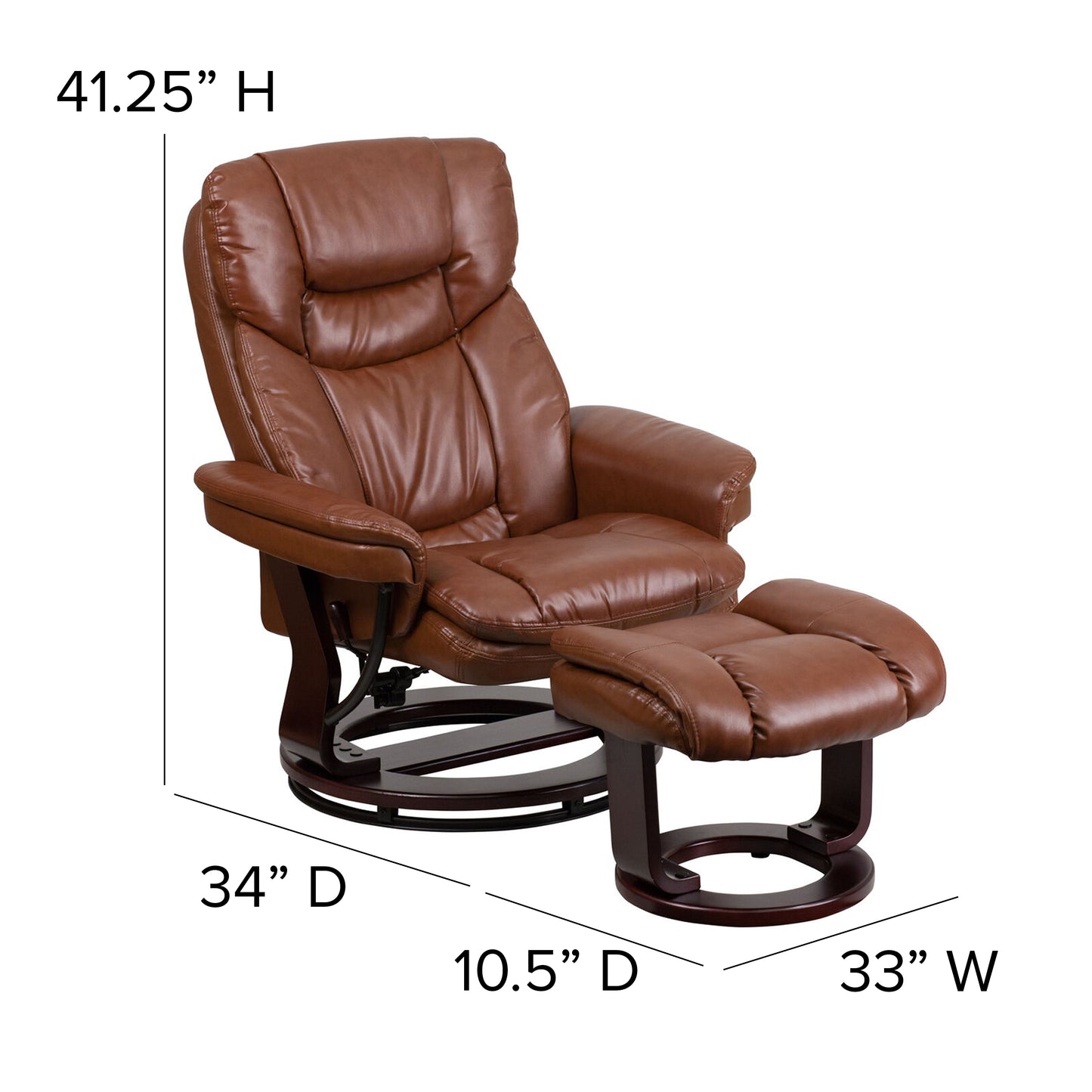 Allie Contemporary Multi-Position Recliner and Curved Ottoman with Swivel Mahogany Wood Base in Brown Vintage LeatherSoft Brown Vintage