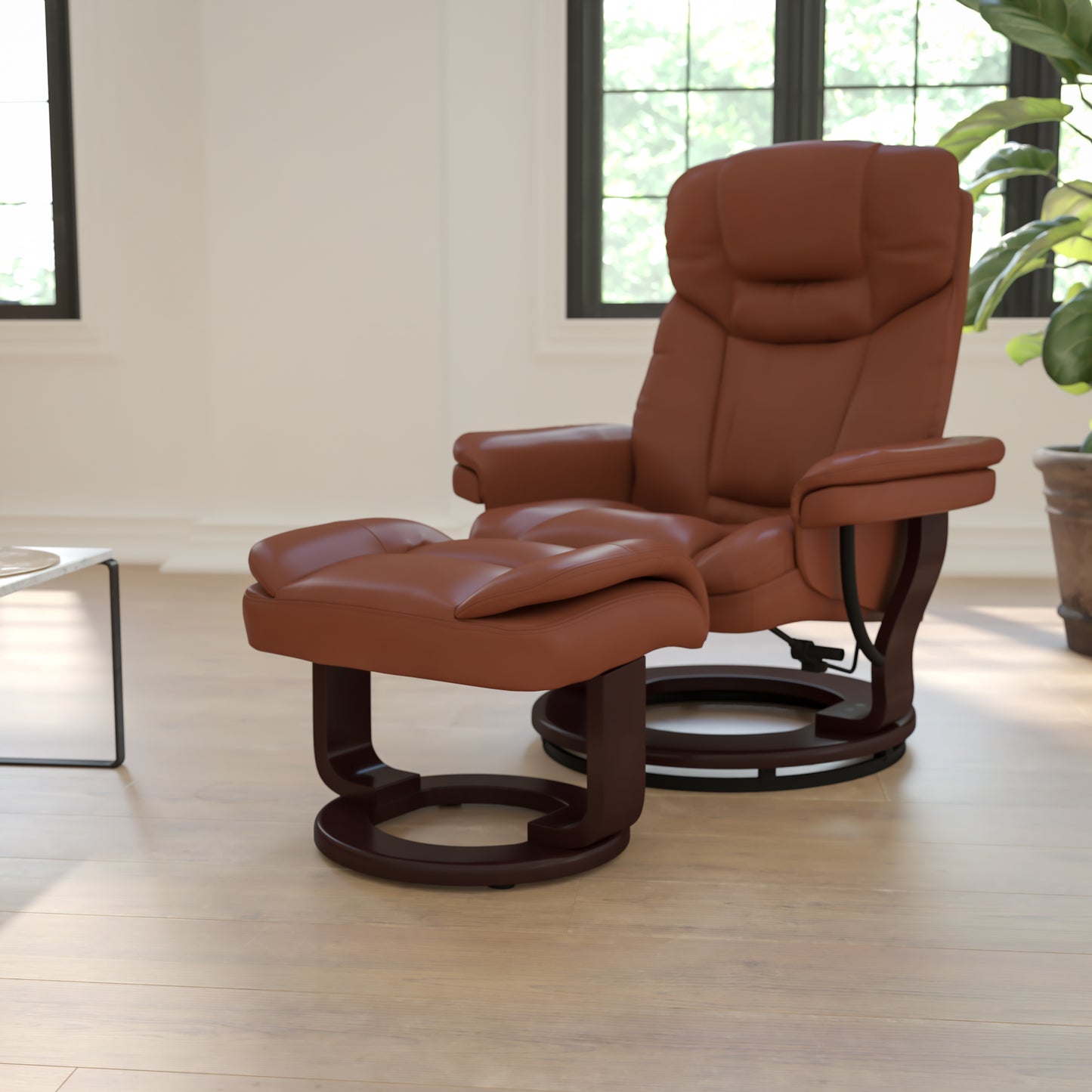 Allie Contemporary Multi-Position Recliner and Curved Ottoman with Swivel Mahogany Wood Base in Brown Vintage LeatherSoft Brown Vintage