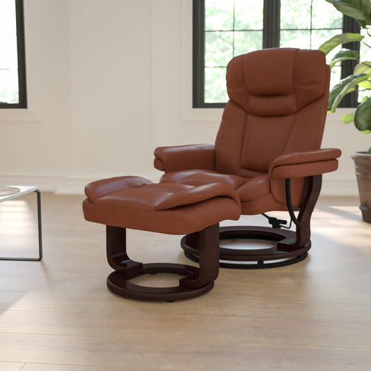Allie Contemporary Multi-Position Recliner and Curved Ottoman with Swivel Mahogany Wood Base in Brown Vintage LeatherSoft Brown Vintage BT-7821-VIN-GG
