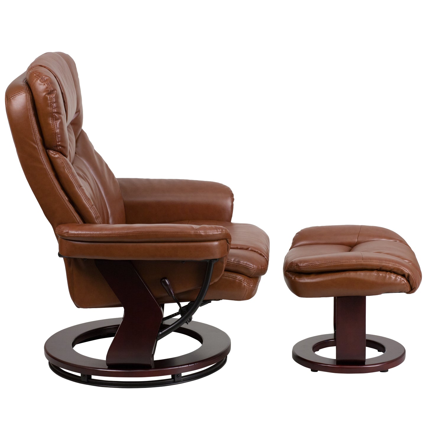 Allie Contemporary Multi-Position Recliner and Curved Ottoman with Swivel Mahogany Wood Base in Brown Vintage LeatherSoft Brown Vintage
