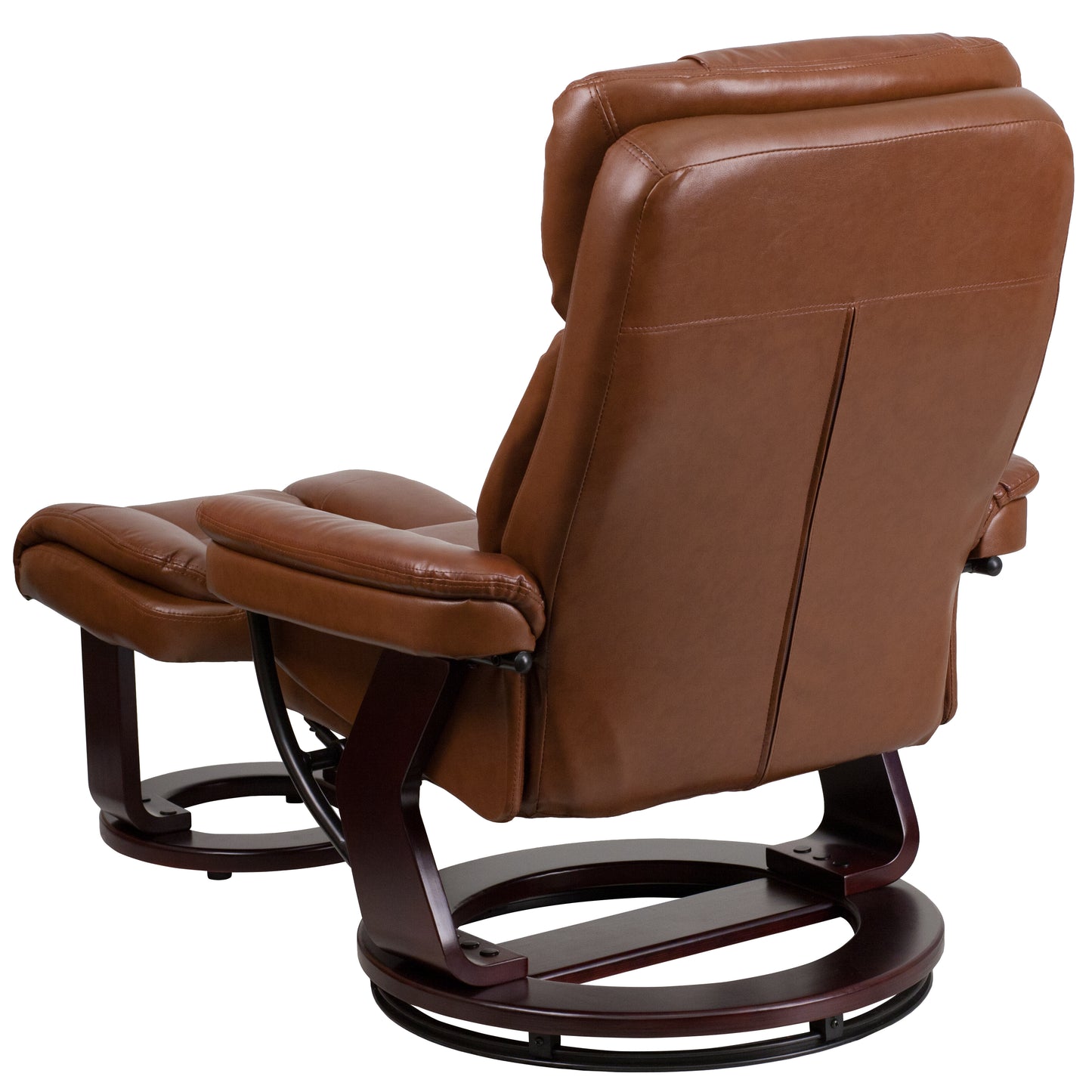 Allie Contemporary Multi-Position Recliner and Curved Ottoman with Swivel Mahogany Wood Base in Brown Vintage LeatherSoft Brown Vintage