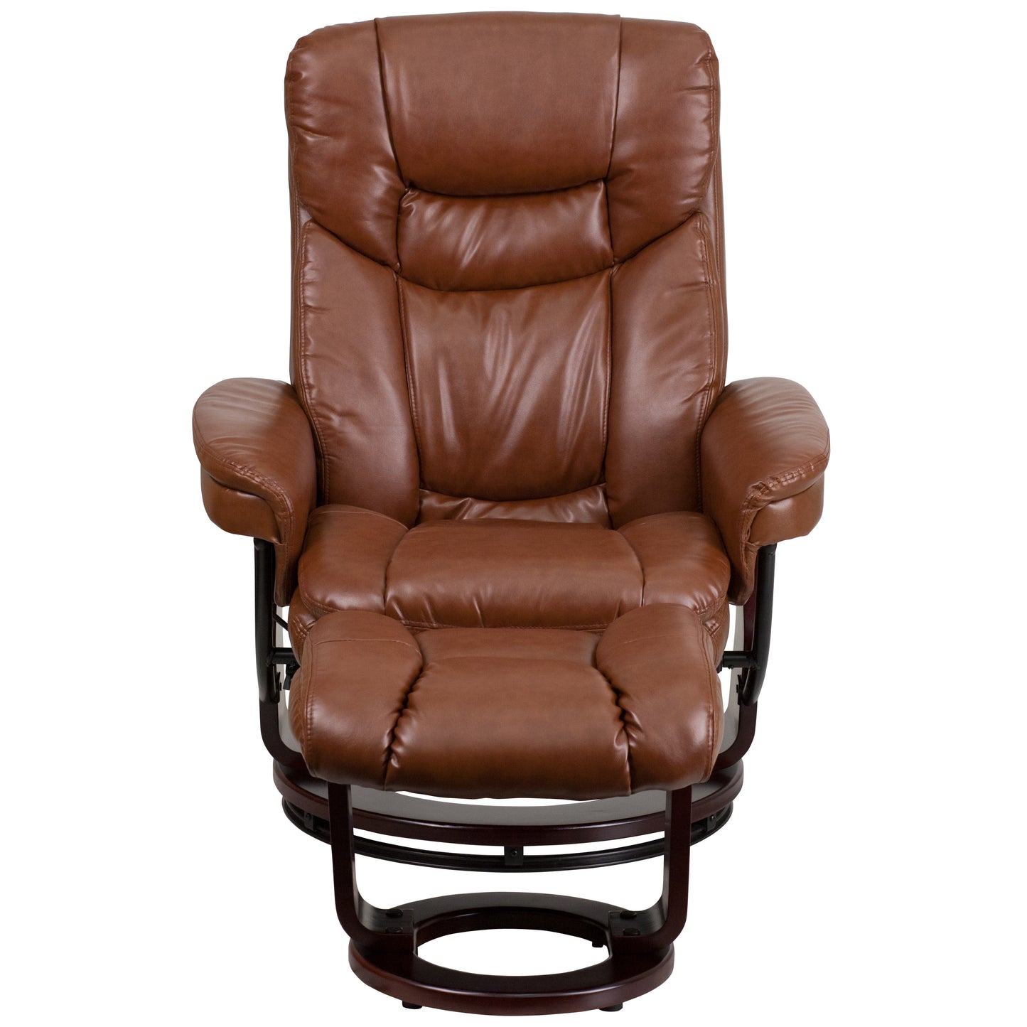 Allie Contemporary Multi-Position Recliner and Curved Ottoman with Swivel Mahogany Wood Base in Brown Vintage LeatherSoft Brown Vintage