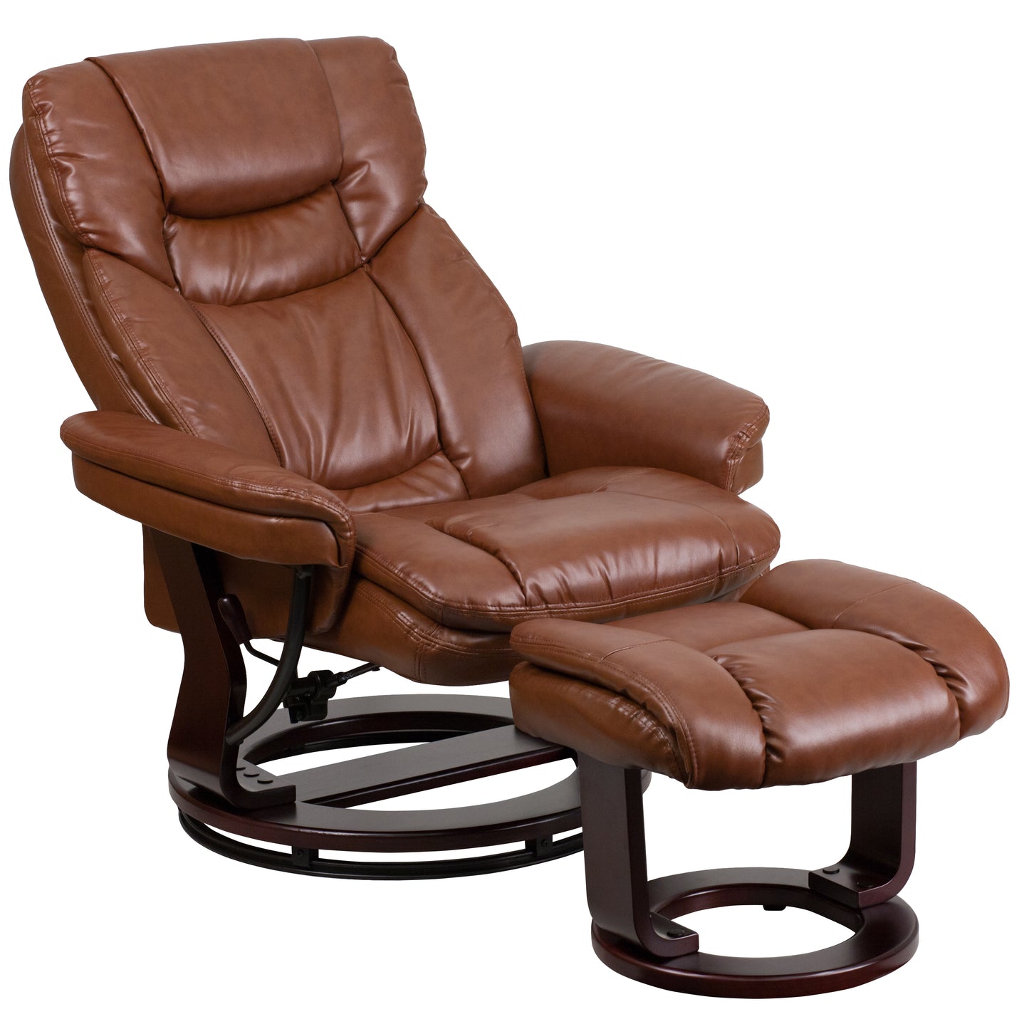 Allie Contemporary Multi-Position Recliner and Curved Ottoman with Swivel Mahogany Wood Base in Brown Vintage LeatherSoft Brown Vintage