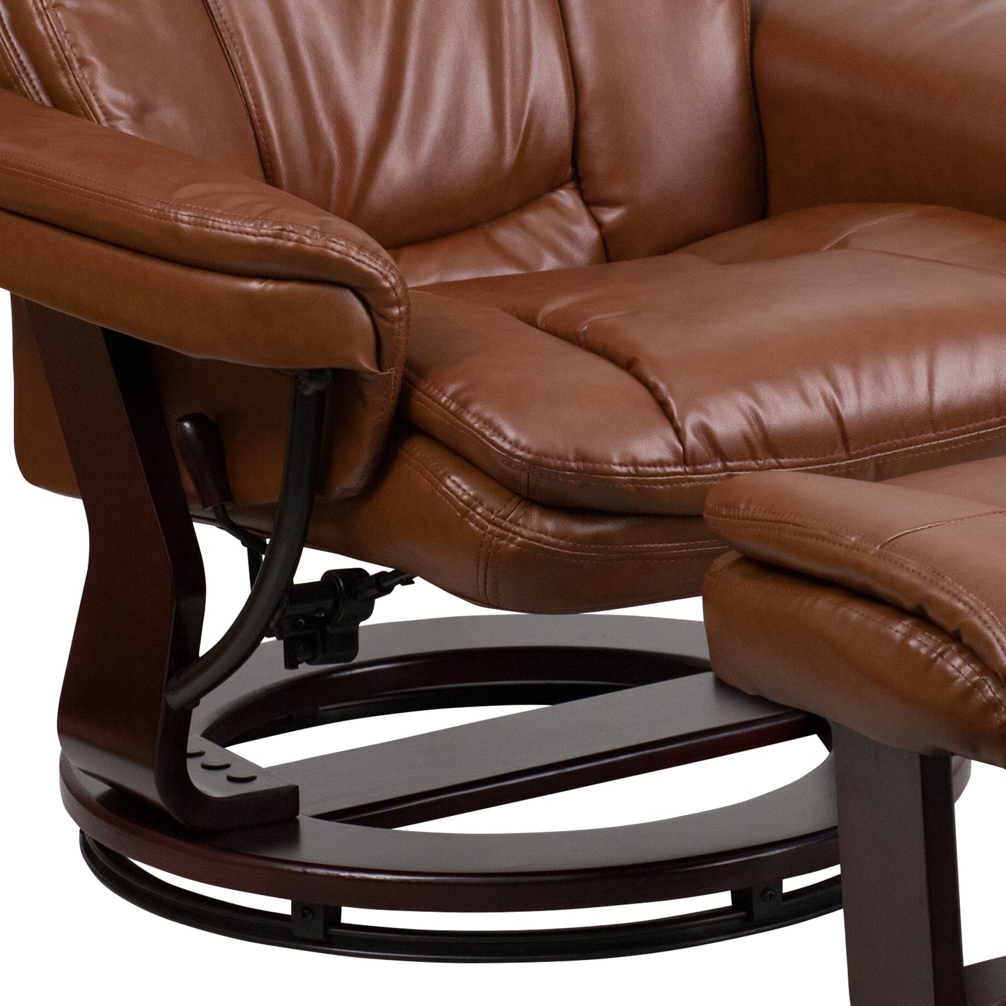 Allie Contemporary Multi-Position Recliner and Curved Ottoman with Swivel Mahogany Wood Base in Brown Vintage LeatherSoft Brown Vintage