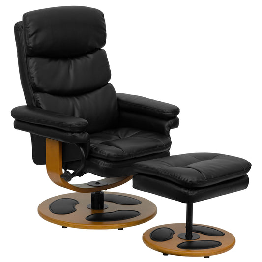 Whitney Contemporary Multi-Position Recliner and Ottoman with Wood Base in Black LeatherSoft Black BT-7828-PILLOW-GG