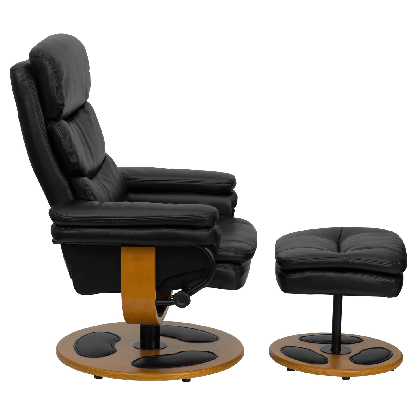 Whitney Contemporary Multi-Position Recliner and Ottoman with Wood Base in Black LeatherSoft Black
