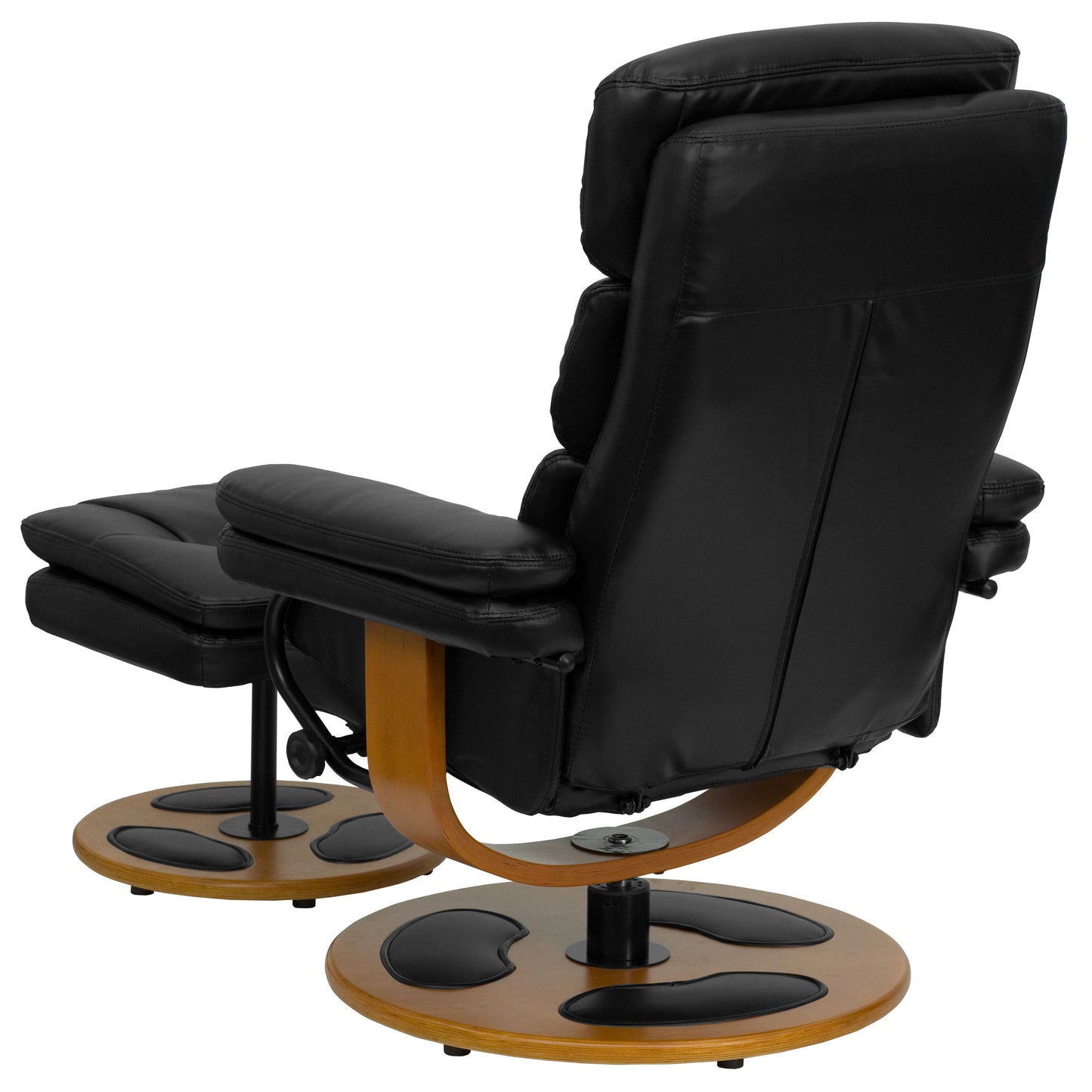 Whitney Contemporary Multi-Position Recliner and Ottoman with Wood Base in Black LeatherSoft Black