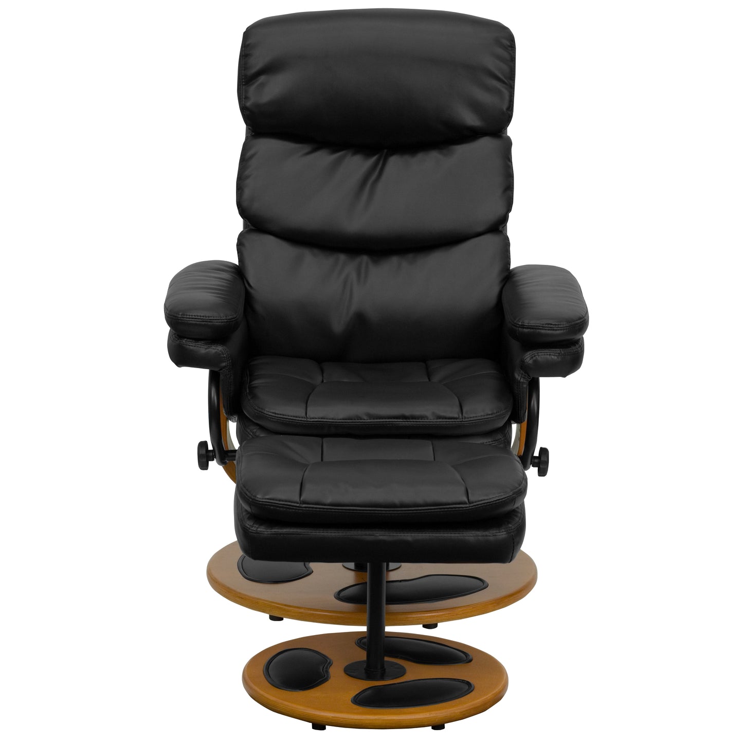 Whitney Contemporary Multi-Position Recliner and Ottoman with Wood Base in Black LeatherSoft Black
