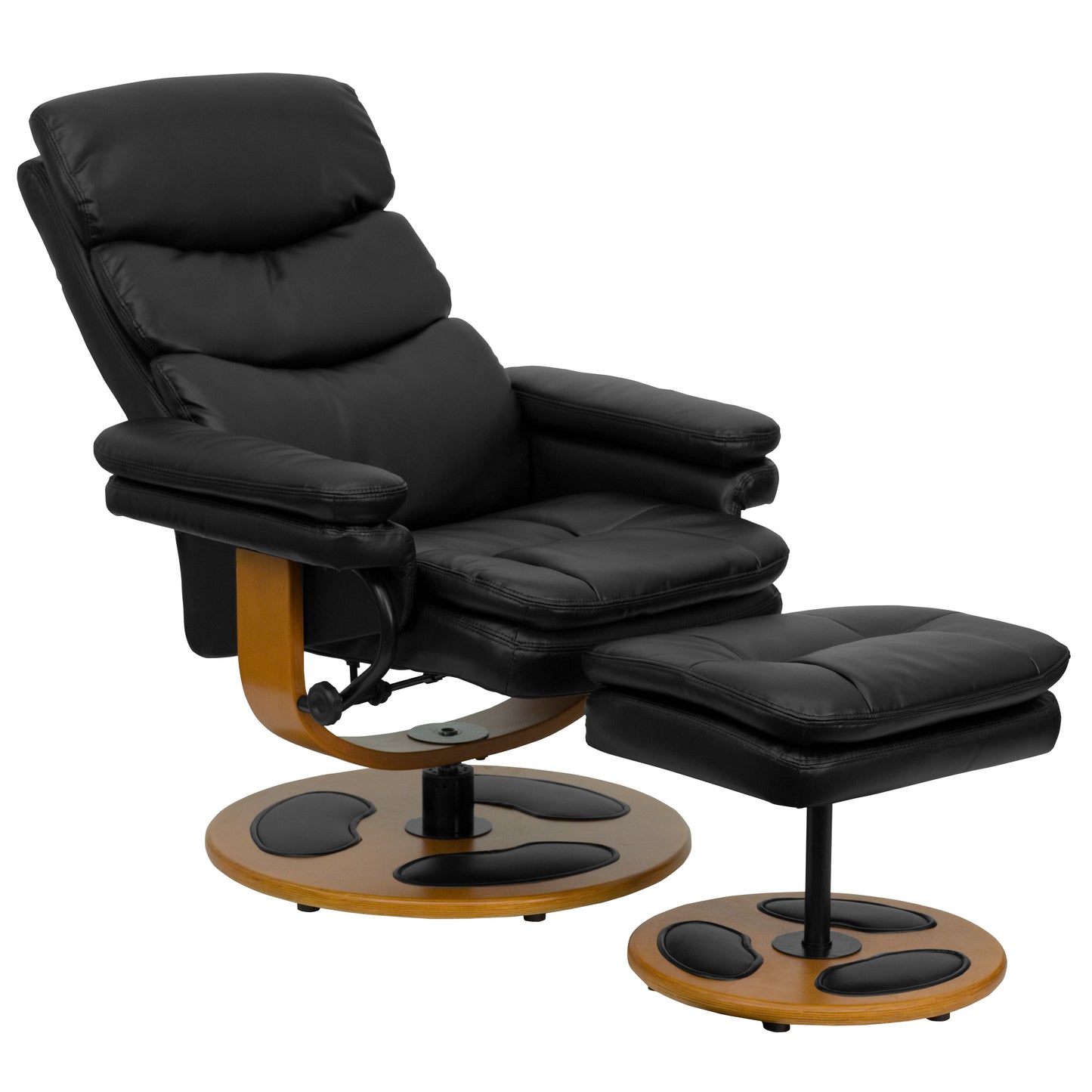 Whitney Contemporary Multi-Position Recliner and Ottoman with Wood Base in Black LeatherSoft Black