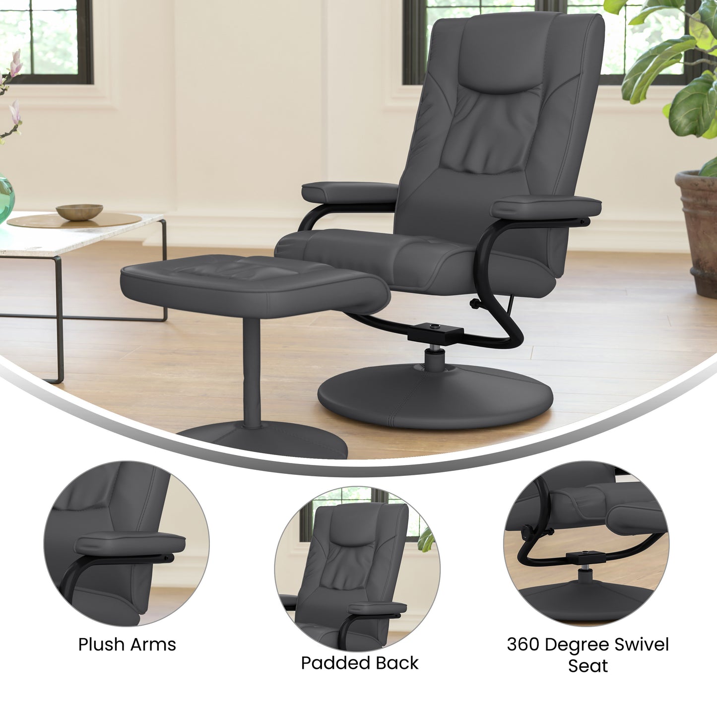 Rachel Contemporary Multi-Position Recliner and Ottoman with Wrapped Base in Gray LeatherSoft Gray BT-7862-GY-GG