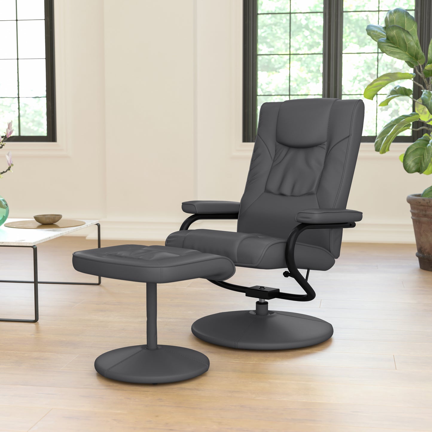 Rachel Contemporary Multi-Position Recliner and Ottoman with Wrapped Base in Gray LeatherSoft Gray BT-7862-GY-GG