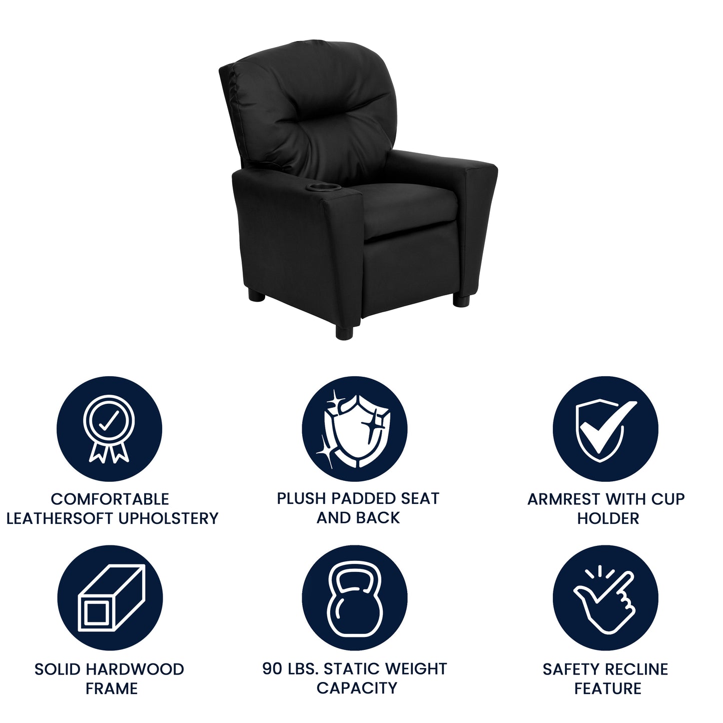 Chandler Contemporary Black LeatherSoft Kids Recliner with Cup Holder Black LeatherSoft