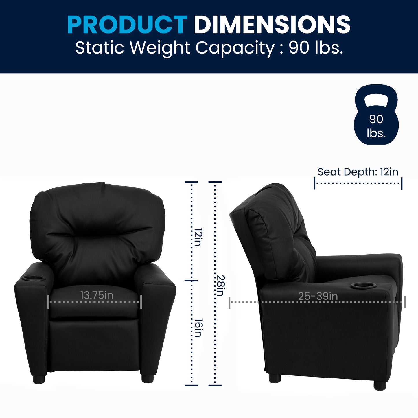 Chandler Contemporary Black LeatherSoft Kids Recliner with Cup Holder Black LeatherSoft