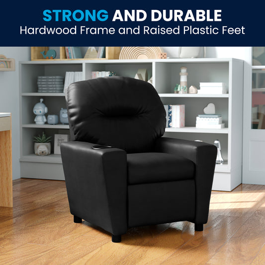 Chandler Contemporary Black LeatherSoft Kids Recliner with Cup Holder Black LeatherSoft