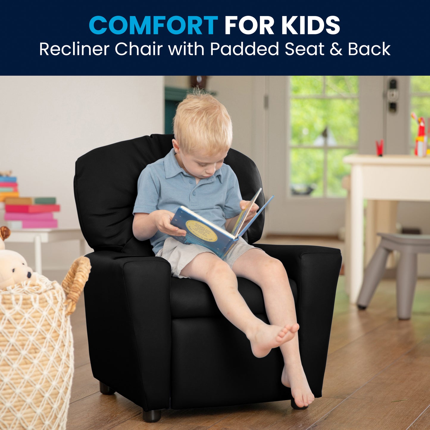 Chandler Contemporary Black LeatherSoft Kids Recliner with Cup Holder Black LeatherSoft