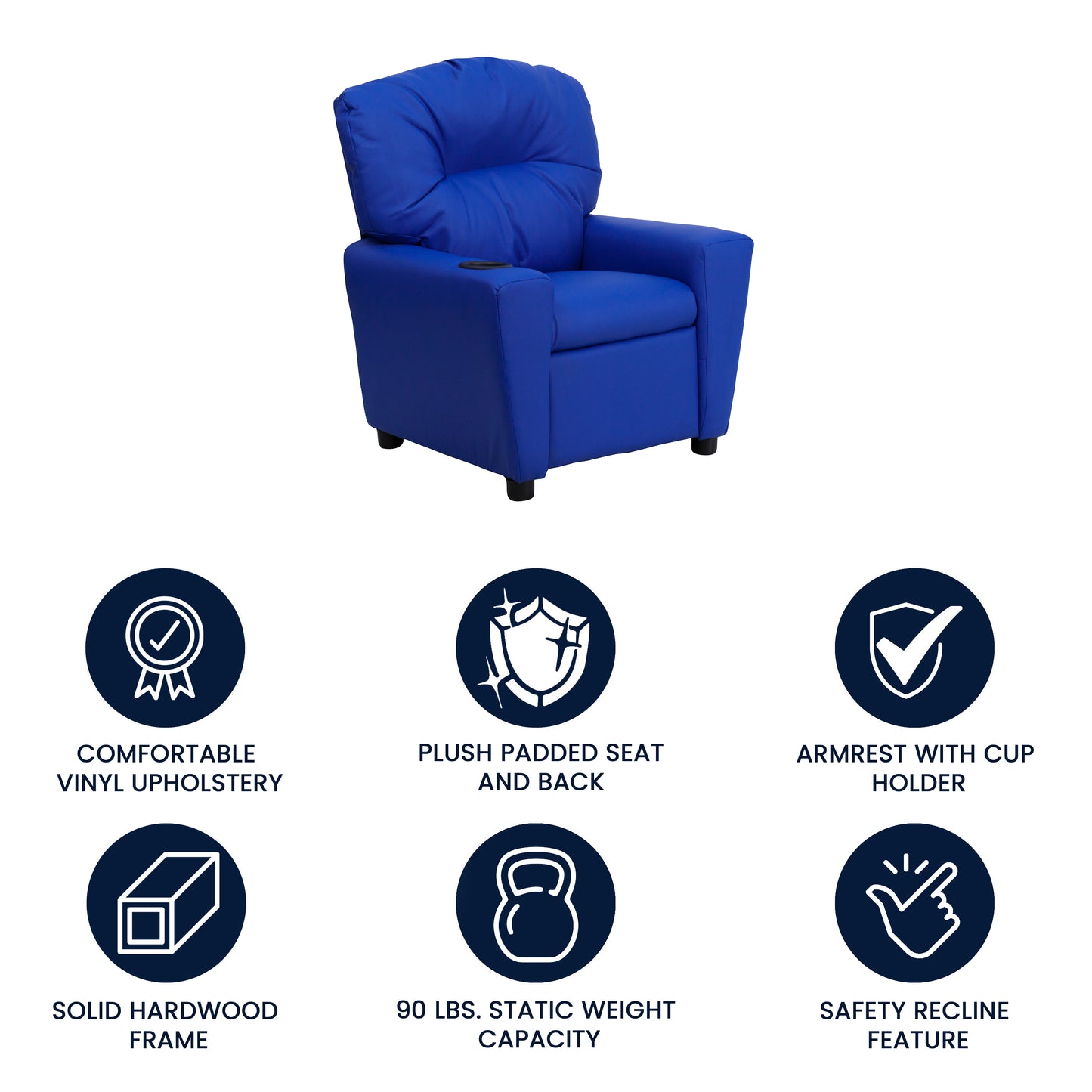 Chandler Contemporary Blue Vinyl Kids Recliner with Cup Holder Blue Vinyl