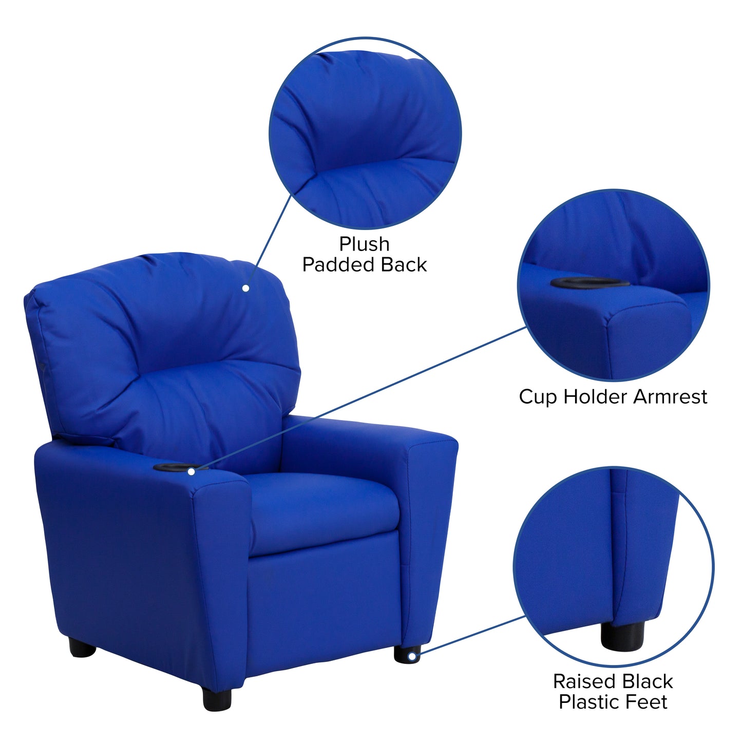 Chandler Contemporary Blue Vinyl Kids Recliner with Cup Holder Blue Vinyl