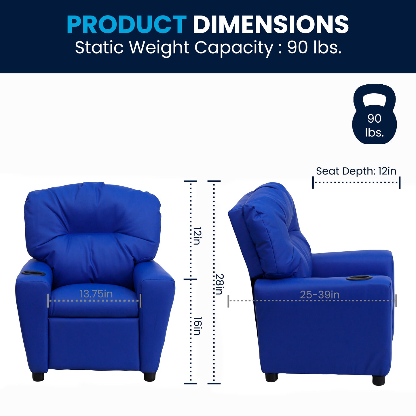 Chandler Contemporary Blue Vinyl Kids Recliner with Cup Holder Blue Vinyl