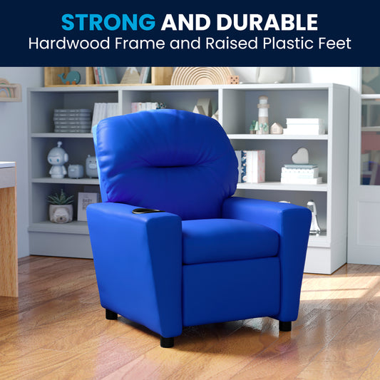 Chandler Contemporary Blue Vinyl Kids Recliner with Cup Holder Blue Vinyl