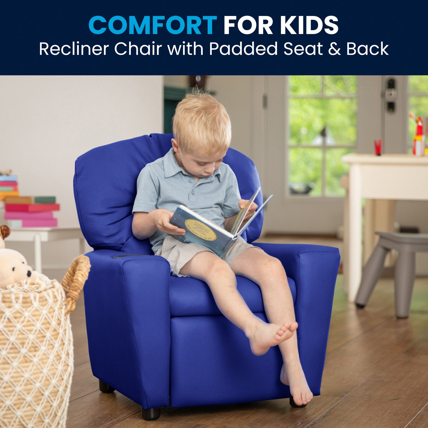 Chandler Contemporary Blue Vinyl Kids Recliner with Cup Holder Blue Vinyl