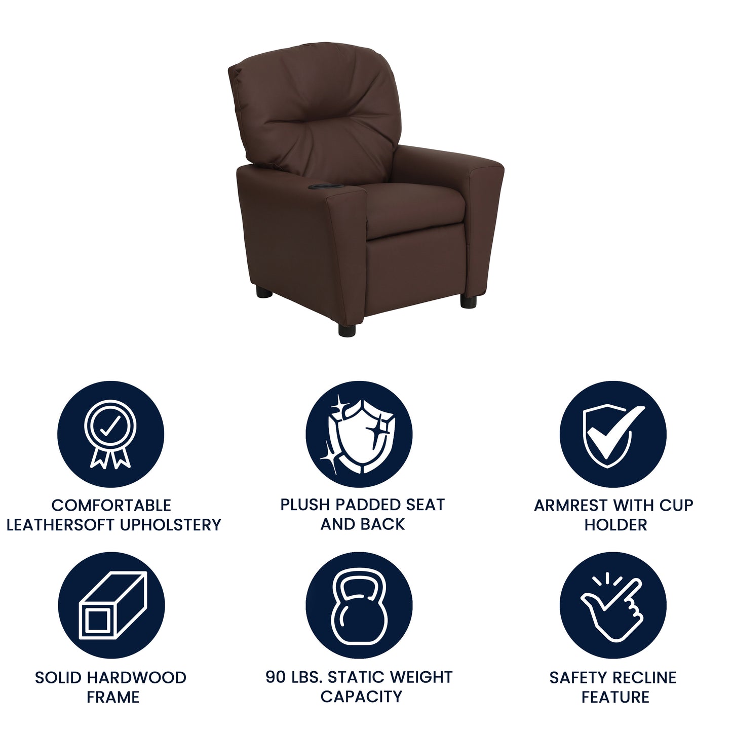 Chandler Contemporary Brown LeatherSoft Kids Recliner with Cup Holder Brown LeatherSoft