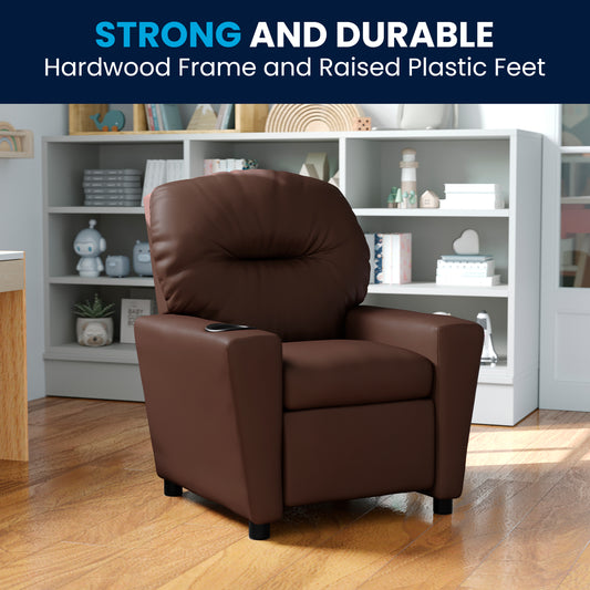 Chandler Contemporary Brown LeatherSoft Kids Recliner with Cup Holder Brown LeatherSoft