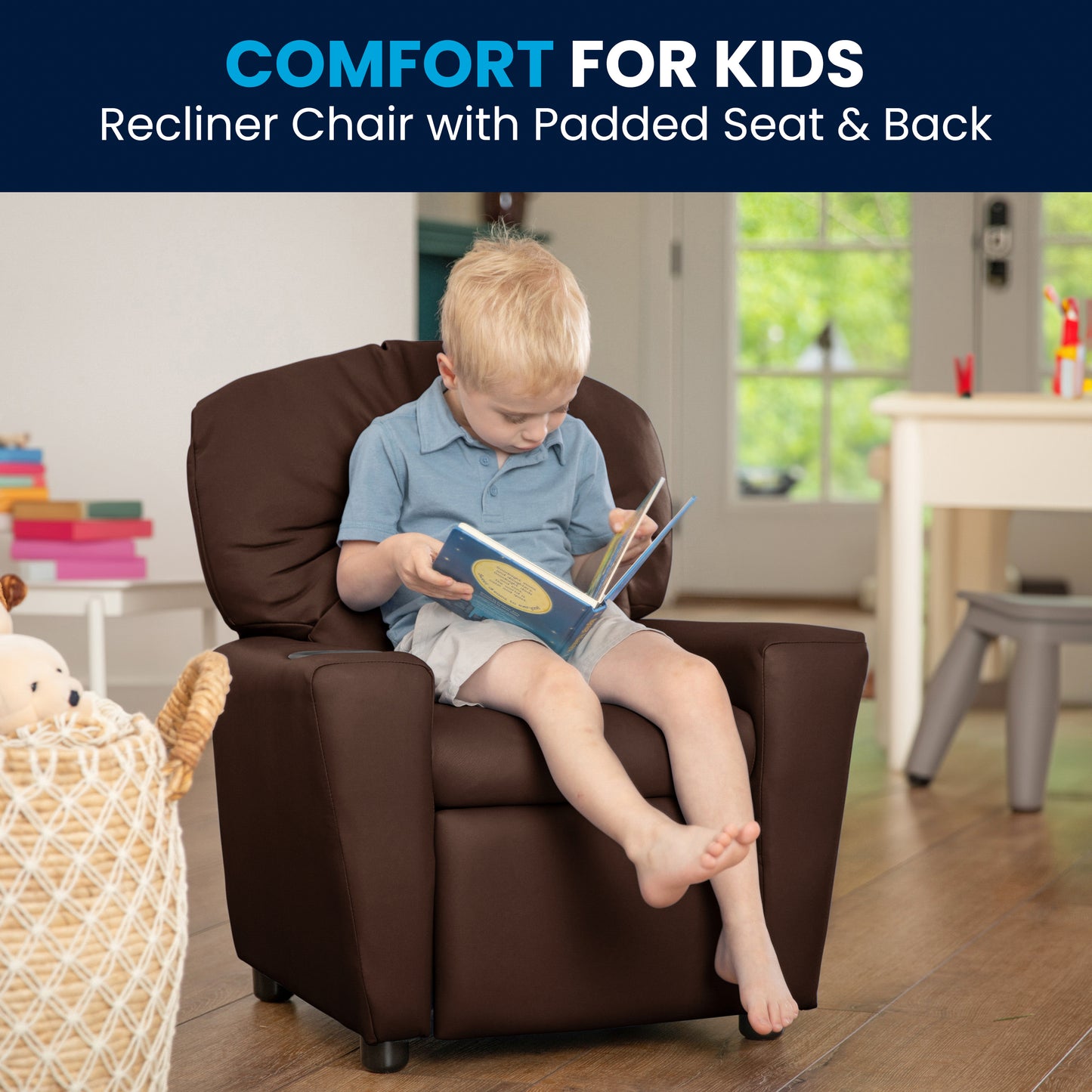 Chandler Contemporary Brown LeatherSoft Kids Recliner with Cup Holder Brown LeatherSoft