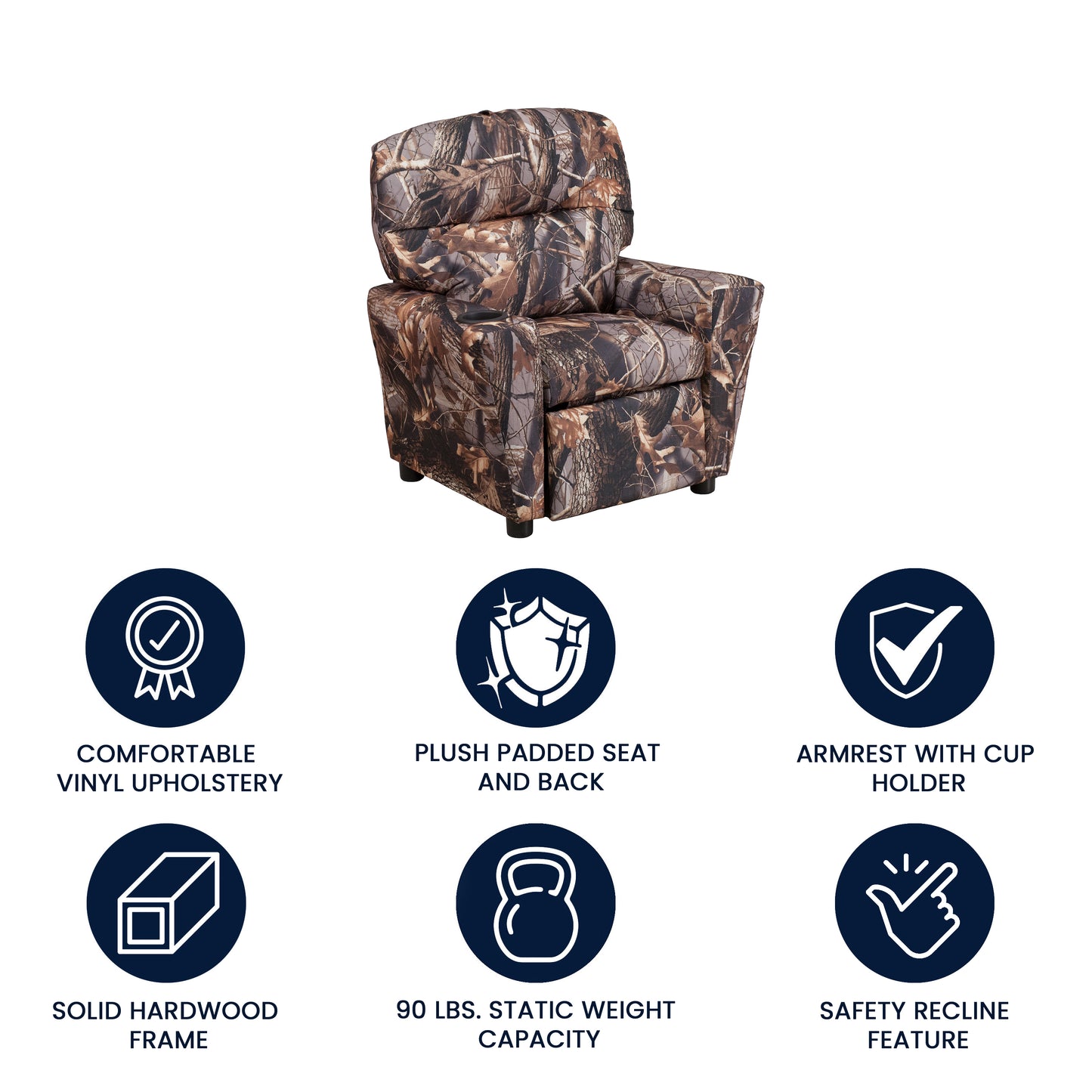 Chandler Contemporary Camouflaged Fabric Kids Recliner with Cup Holder Camouflage Fabric