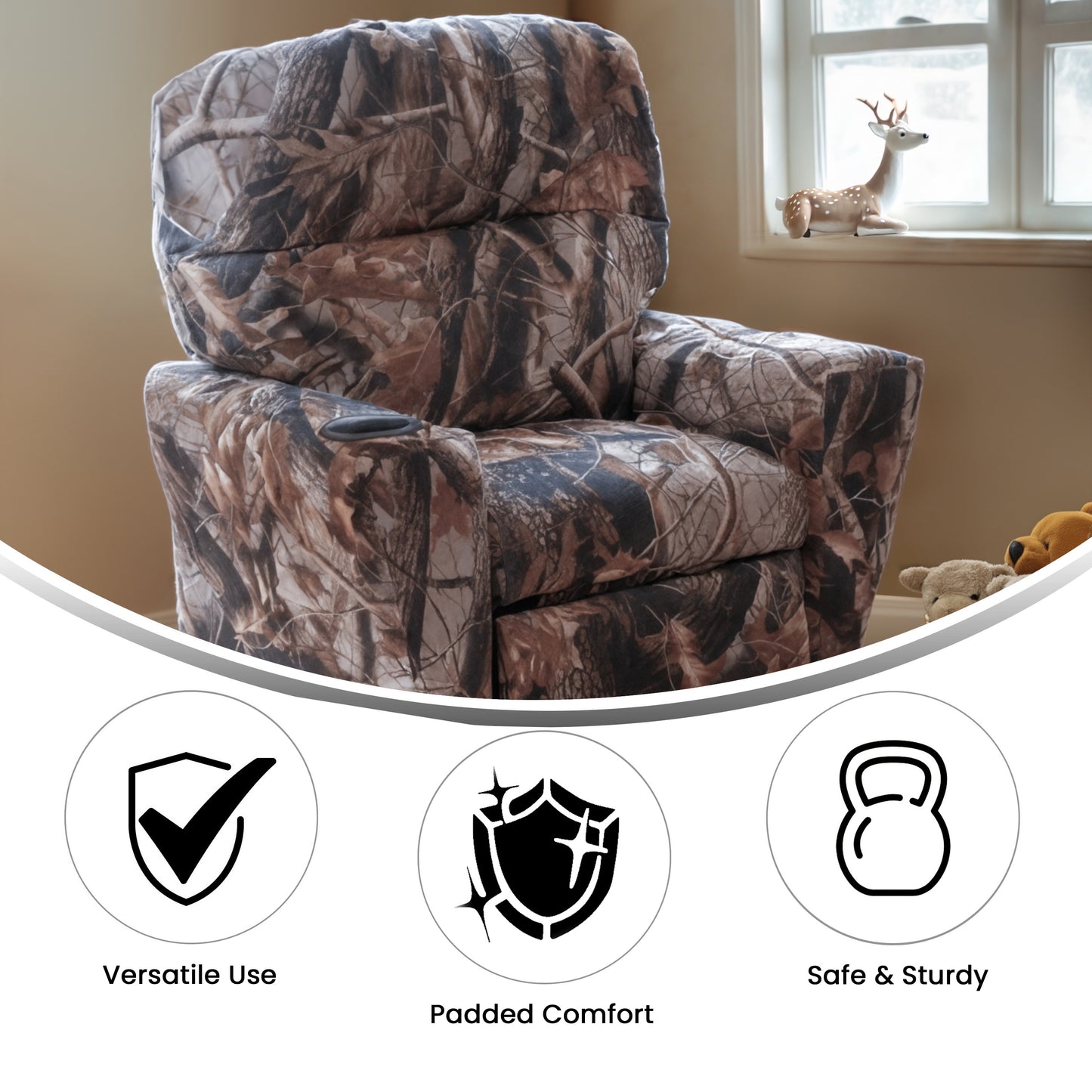 Chandler Contemporary Camouflaged Fabric Kids Recliner with Cup Holder Camouflage Fabric