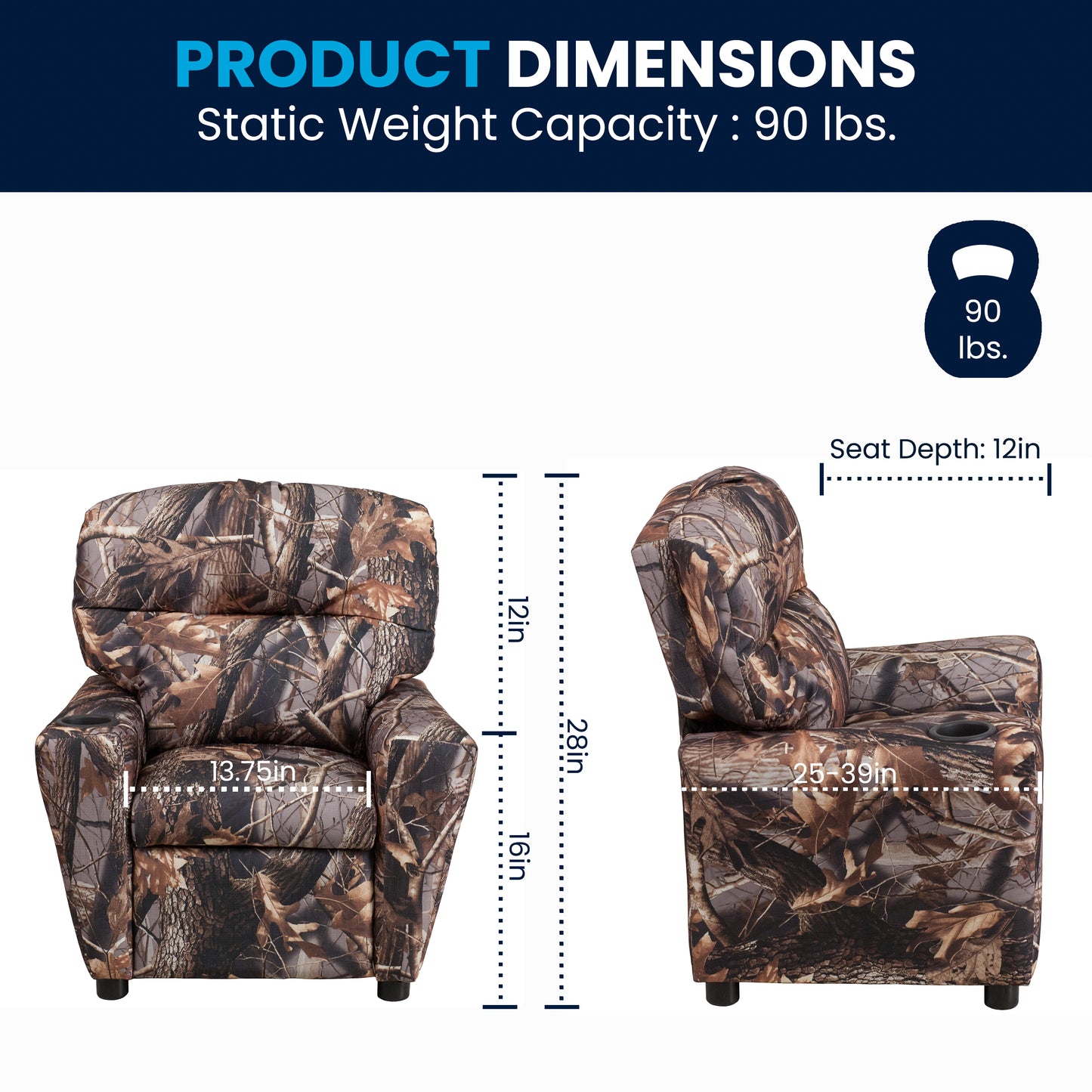 Chandler Contemporary Camouflaged Fabric Kids Recliner with Cup Holder Camouflage Fabric