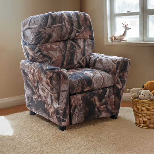 Chandler Contemporary Camouflaged Fabric Kids Recliner with Cup Holder Camouflage Fabric