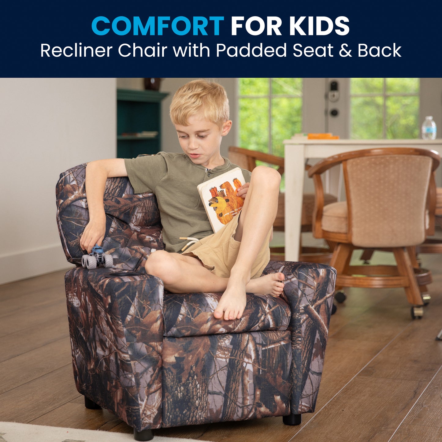 Chandler Contemporary Camouflaged Fabric Kids Recliner with Cup Holder Camouflage Fabric