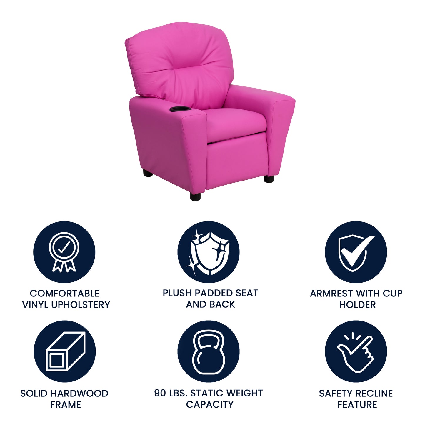 Chandler Contemporary Hot Pink Vinyl Kids Recliner with Cup Holder Hot Pink Vinyl