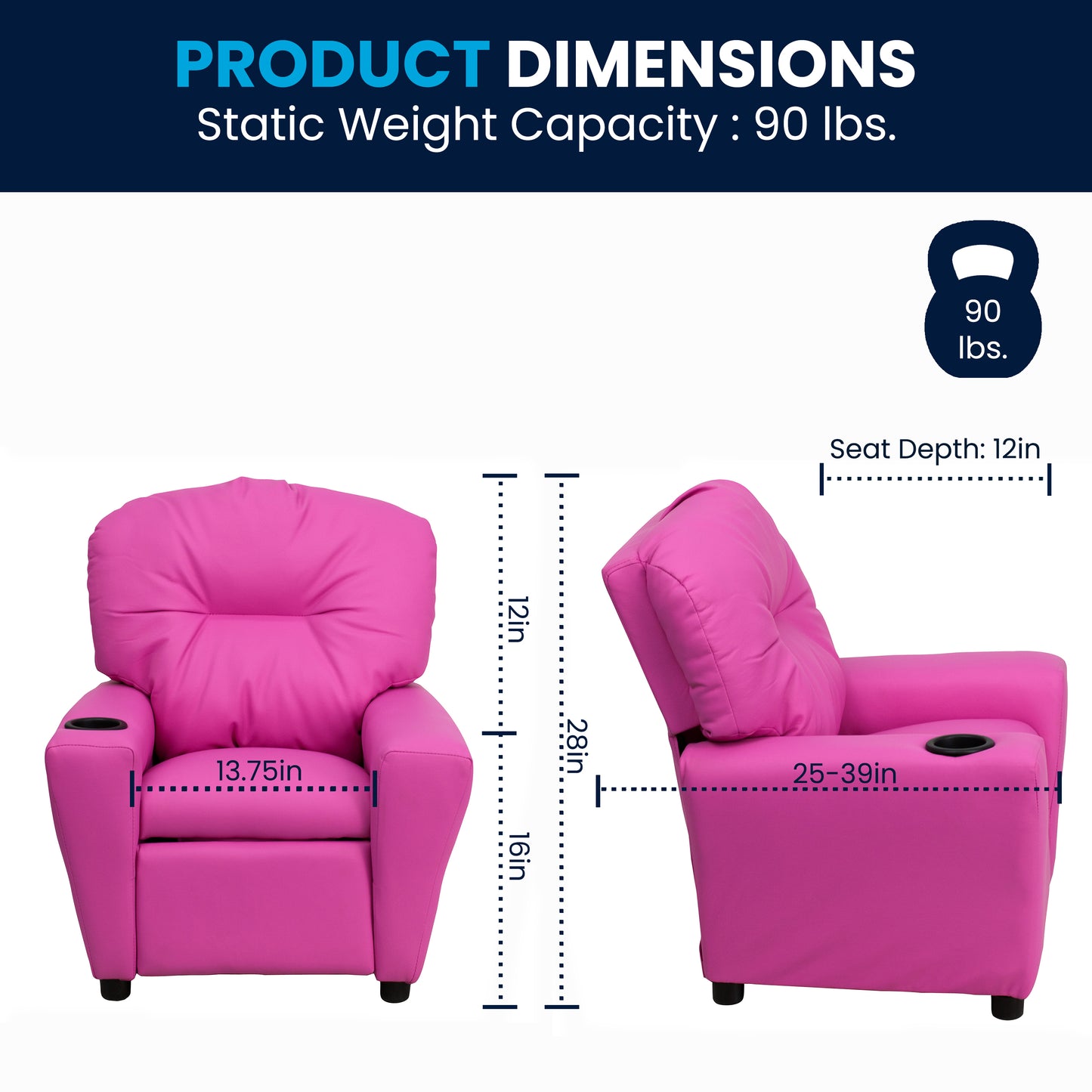 Chandler Contemporary Hot Pink Vinyl Kids Recliner with Cup Holder Hot Pink Vinyl